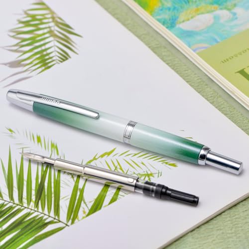Image of Jinhao 10 Press Fountain Pen with Box, Gradient Grass Green Retractable Extra Fine Nib with Ink Converter Set (Silver Clip)