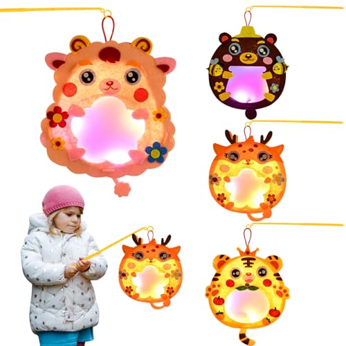 Ulikey 4 Piezas Kit Manualidades Linterna para Niños, San Martín Linterna Infantil con Palos de Linterna, Luz LED, Forma Animales Juego de Farolillos (Tigre, Cordero, Ciervo, Oso)