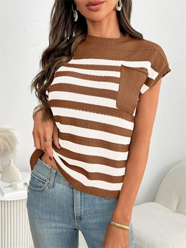 Blusa de punto a rayas transpirable con bolsillo para primavera y verano 3