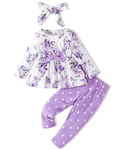 Image of Toddler Baby Girl Clothes Cute Long Sleeve Floral Print T Shirt Ruffle Pants Headband Infant Girl 3PCS Outfits Set