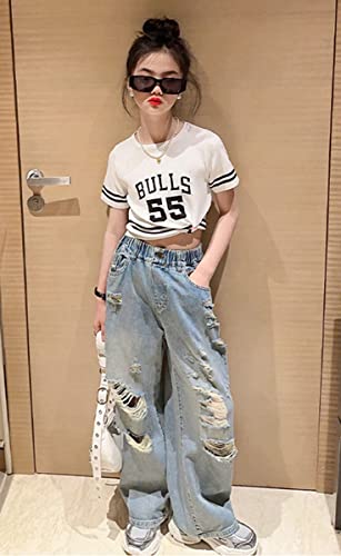 Girls Wide Leg Ripped Jeans Kids Baggy Elastic Waist Washed Denim Pants 5-14 Years2