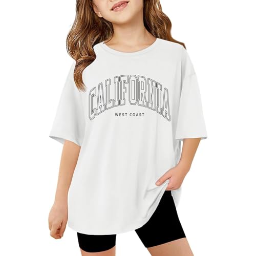 California T Shirts for Girls Letter Print Graphic Tees Oversized Casual Loose Drop Shoulder Short Sleeve Basic Summer Tops