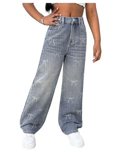 Verdusa Girl's Rhinestone Bow Jeans Vintage Straight Leg Denim Pants with Pockets