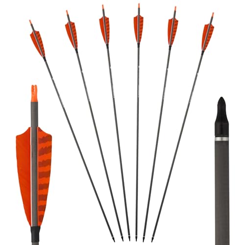 Toparchery 6 flèches en Carbone de 31 Pouces pour tir à l’Arc, flèches de Chasse avec Plumes Naturelles de 4 Pouces, Spine 400 pour Arc recurve et Arc...