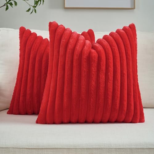FUTEI Red Striped Decorative Throw Pillow Covers 16x16 Inch Set of 2,Square Fall Decorations Couch Pillow Case,Soft Cozy Faux Rabbit Fur & Velvet Back,Modern Home Decor for Bed