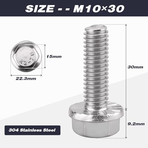 Image of M10-1.5 x 30mm (10 pcs) Flanged Hex Bolts, 304 Stainless Steel 18 /8, Large Washer Head Automotive Screws for Car Parts & Machinery Replacement