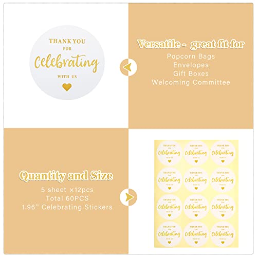 Thank You For Celebrating With Us Stickers,60Pcs 2 Inch Round Thank You Sticker Labels For Invitation Envelopes For Wedding, Birthday Baby Shower, Party Favor (Gold) #TOP4