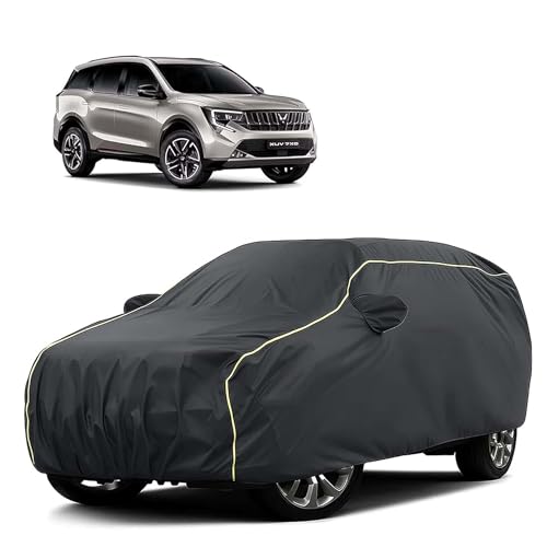 Image of Sulfar 100% Water Resistant Car Body Cover Compatible with Mirror for Mahindra XUV 7XO (Triple Stitched, Full Bottom Elastic, Dark Grey Tafetta with Yellow Piping)