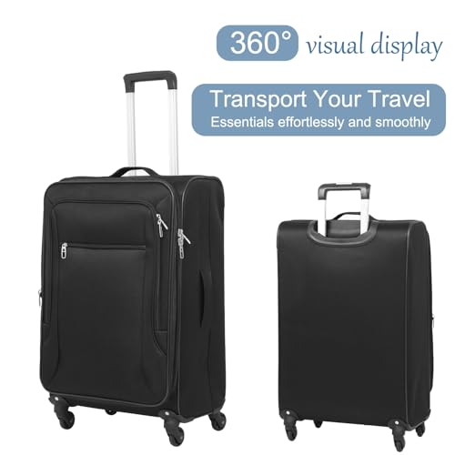 3pcs Set Softside Luggage Sets With Spinner Wheels, Expandable Softshell Suitcase Set with front pocket, 28inch, 24inch,20inch Lightweight fabric luggage(BLACK)2