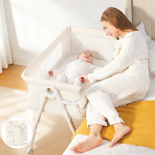 MinoBub Baby Bassinet Bedside Sleeper - Upgrade Safety Bassinets with Crib Sheet Easy to Move 4 Adjustable Height Bedside Bassinet for Infant Newborn Cream