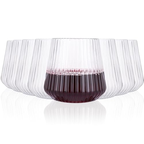 LOLYSIC 8Pcs Reusable Plastic Wine Glasses Stemless, 400ml Clear Ribbed Plastic Wine Glasses, Unbreakable Drinking Cup Tumbler for Outdoor Indoor Party Picnic Camping Cocktail Champagne Juice Water