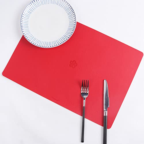 Wintersweet Pu Faux Leather Placemats, Flower Embossed, New Oriental Chinese Style, Holiday Home Decor, Waterproof Wipeable, Fiery Red, 17X11.8, 6Pk #TOP1