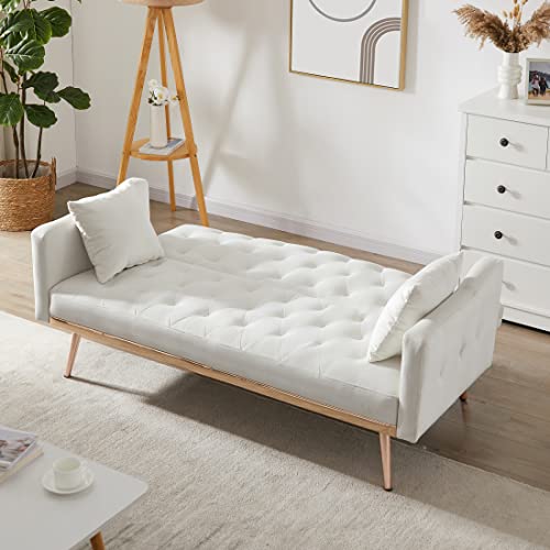 Dnchuan Velvet Futon Sofa Bed,3 Seater/Plus-Loveseat Sleeper Sofa,Button Tufted With 2 Pillows And Rose Gold Metal Legs, Easy Assembly-Beige #TOP2