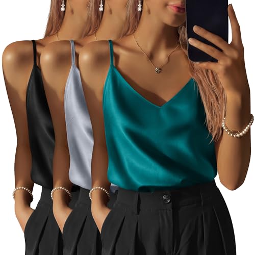Image of 3 Pack Women's Silk Satin Camisoles V Neck Tank Tops | 95% Polyester, 5% Spandex, Adjustable Spaghetti Strap, Loose Blouse, Daily Wear, Sleeveless, Classic V Neck