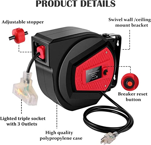 Pack Of 2-50 Ft Retractable Extension Cord Reel - Ceiling Or Wall Mount - 14 Gauge Power Cord Reel W/ 3 Outlets - 13A Circuit Breaker + 180° Swivel - Ul Listed #TOP2