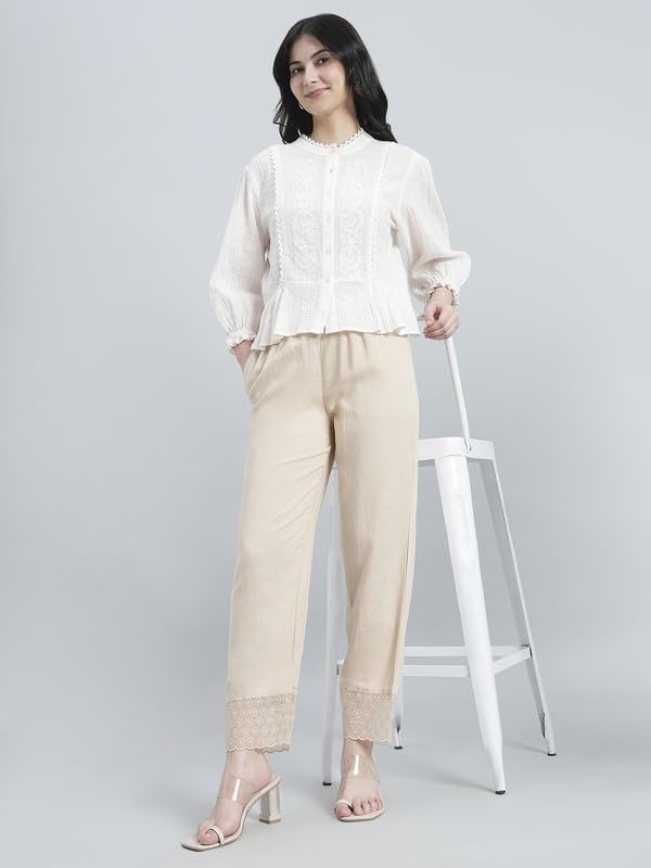 Image of GO COLORS Rayon Blend Ethnic Pant Organza for Women Full Length| Mid Rise, Lace Design