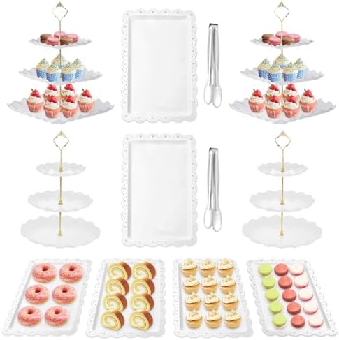 12 Pcs Cake Stand, Dessert Table Display Set, 4 Pcs 3 Tier Cupcake Stand Tower Holder and 6 Pcs Serving Tray and 2 Tongs for Tea Party Baby Shower Birthday, White