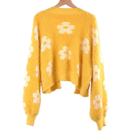 Yuakou Women's Flower Long Sleeve Open Front Short Cardigan Casual Loose V Neck Down Knit Cardigan Sweaters Outwear #TOP1