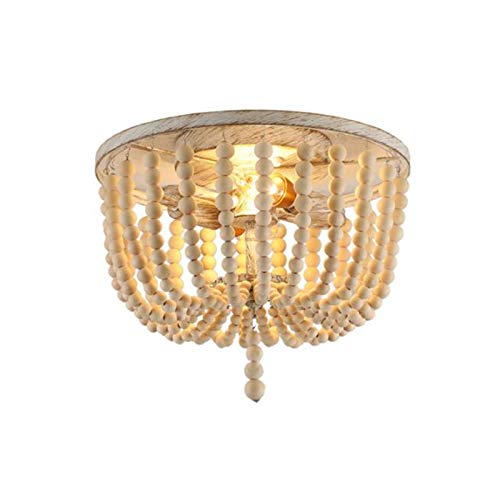 Plafonnier en perles de bois patiné blanc, lustre de haute qualité au style rétro