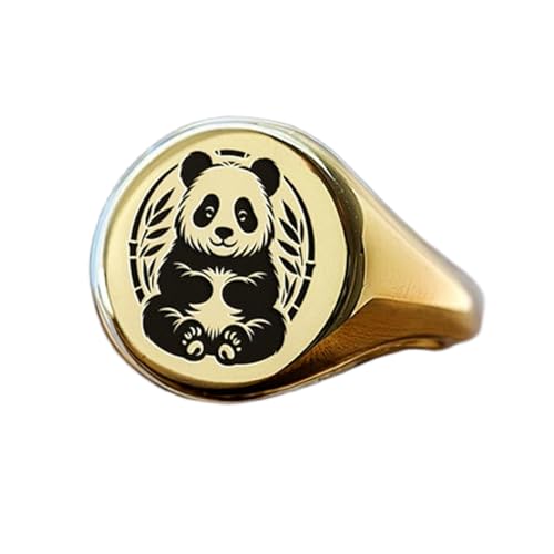 Bague panda ronde en argent 925 fait main, une chevalière style vintage plaqué or