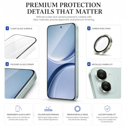 Image of FIRST MART Tempered Glass for Redmi Turbo 5 5G with Green Camera Ring Guard & Installation Kit | HD Clear Edge-to-Edge Screen Protector, Scratch Resistant, Case-Friendly | Pack of 1