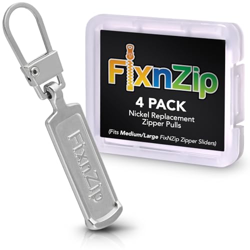 FixNZip Medium to Large Nickel Zipper Pull Replacements (4-Pack) | Universal Clip-On Pull Tabs for Zipper Repair, Sliders & Luggage, Jackets, Backpacks, Tents, Sleeping Bags & Outdoor Gear