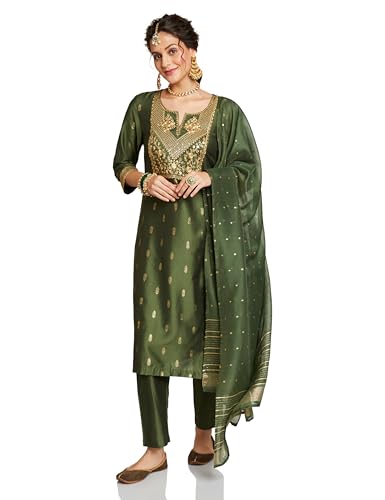 Image of Amazon Brand - Myx Women's Embroidered Kurta Set with Designer Jacquard Dupatta (Available in Plus Sizes)