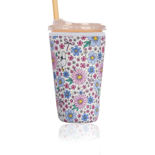 Image of Reusable Insulated Sleeve for Iced Coffee Cup, Coffee Neoprene Sleeve for Cold & Hot Drinks, Beverage Holder for Iced Coffee (Daisy Geese, Large: 32oz)