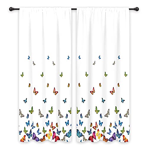 Cinbloo Baby Girls Butterflies Thin Curtains 41W X 62L Inch Rod Pocket Girly Bedroom Decor Colorful Lush Princess Cute Romantic White Art Printed Living Room Window Drapes Treatment Fabric 2 Panels #TOP2