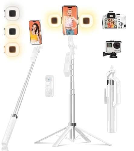 Funxee Palo Selfie Trípode para movil - 180cm Soporte de Teléfono con Control Remoto Inalámbrico Desmontable y 2 Luces LED para Grabación, Video y Fotos, Soporte para iPhone, Android, Cámara y GoPro