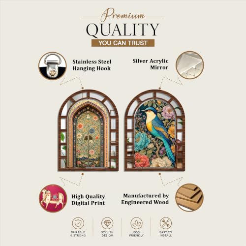 Image of Artvibes Bird & Blossom Theme Decorative Wall Accent | Jharokha Mirror Wall Hanging for Living Room, Bedroom, Hall, Foyer, Dining Room, Office & Entrance | Gift (WHJ 12055N), Set of 2