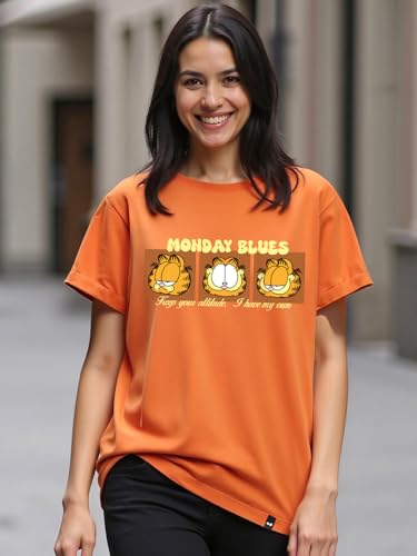 Image of Bewakoof X Official Garfield Merchandise Women's Selective Participation Graphic Printed 100% Cotton T-Shirt - Boyfriend Fit, Round Neck, Half Sleeves, Loose Fit
