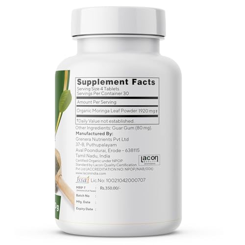 Grenera Organic Moringa Tablets 120 nos, Drumstick Leaf Powder Tablets, Super-Food Shigru, Vegan, Gluten Free, Non GMO