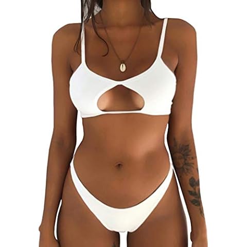 Leoparts Women's Spaghetti Strap Cutout Bikini Tie Back Padded Brazilian Thong Two Piece Swimsuits Bathing Suits, Cutout Bikini-white, Small Cover