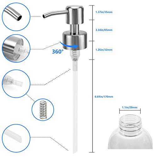 Soap Dispenser Pump Replacement - HEXTEK Stainless Steel Soap and Lotion Dispenser Pump for Regular 28/400 Neck Bottles, Rustproof Replacement for Kitchen Bathroom Worktop Bottles, (6 Packs, Brushed)