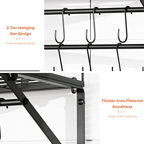 Oropy 23 Inch Wall Mounted Pot Rack Storage Shelf With 2 Tier Hanging Rails 12 S Hooks Included, Ideal For Pans, Utensils, Cookware, Plant Black #TOP2