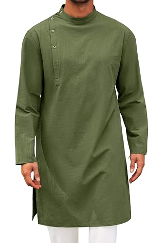 Runcati Mens Kaftan Thobe Robe Long Sleeve Cotton Henley Shirt