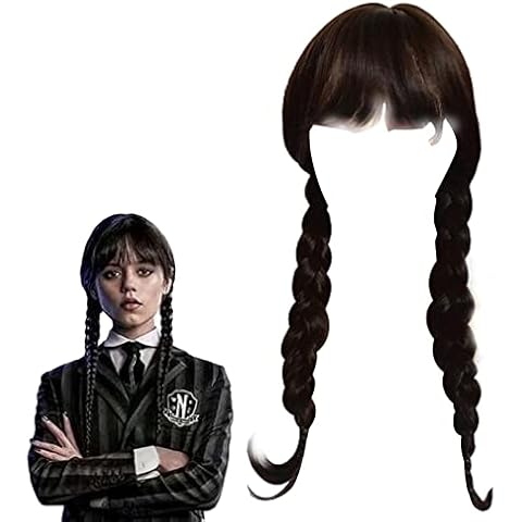 Wednesday Addams Wig 20" Long Black Braided Wigs for Women Girls Wednesday Addams Costume Girls and Adult Addams Family Hair Gothic Women Wigs Headgear for Cosplay Halloween Party Costume (With bangs) Cover