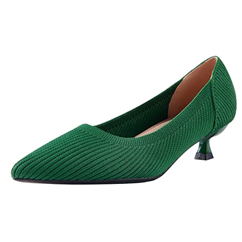 youngshow Women's Pumps Kitten Heels Pointed Toe Knit Slip On Comfortable Casual Formal Dress Shoes