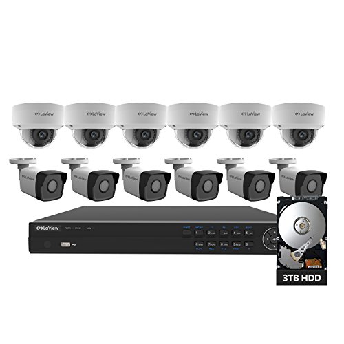 LaView 4-Megapixel (2688 x 1520) 16 Channel PoE 4K NVR HDMI - 12 Camera Security Camera System, 6X 4MP Bullet and 6X 4MP IP Surveillance Cameras, 100ft Night Vision, Pre-Installed 3TB Hard Drive