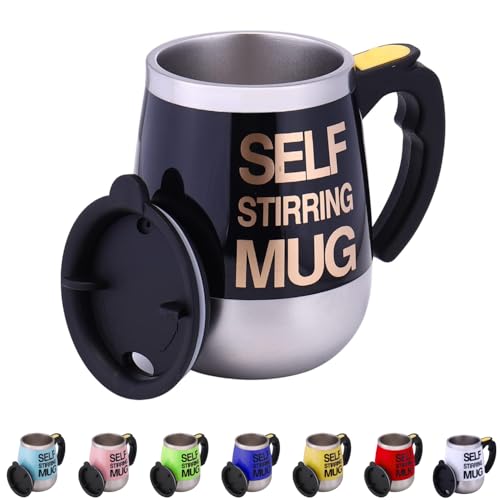 Self-stirring stainless steel self-mixing mug for coffee, hot chocolate, tea, milk cup for travel, kitchen, office, home, 450 ml/15.2 oz, best gift for your loved ones (Black)