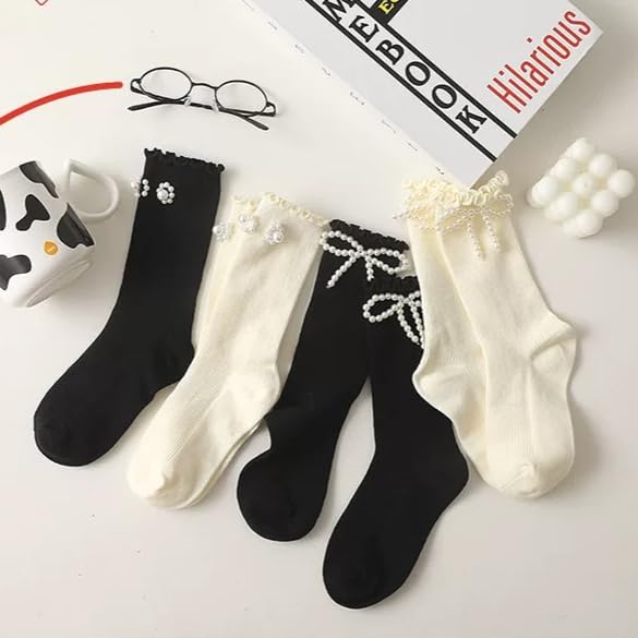 4 Pairs Girls' Princess Style Calf Knee High Socks with Pearl Bowknot Flowers, Cute Black White Stockings for 1-12 Years Old2
