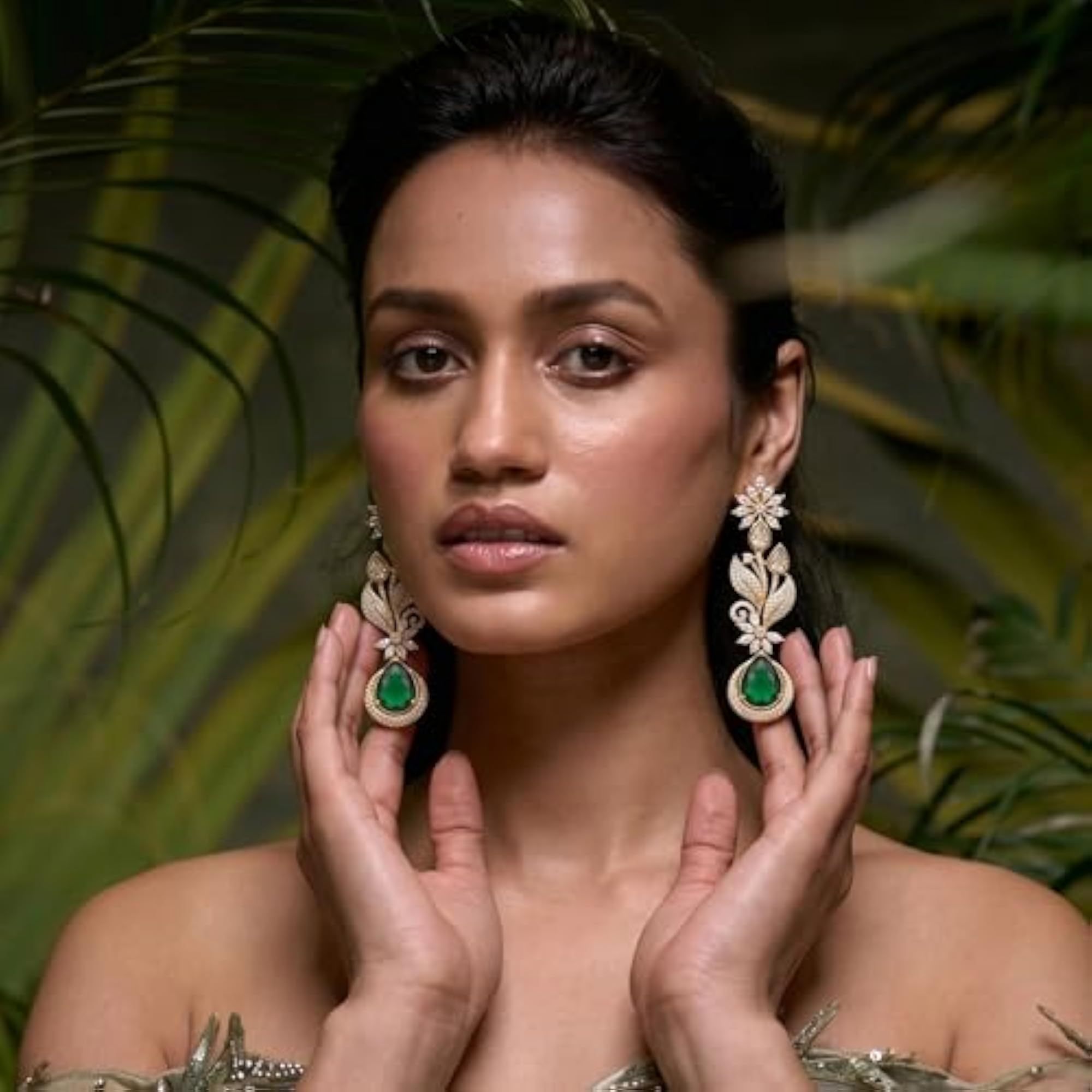 Women's Emerald Bloom American Diamond Dangle Earrings in Gold Plated Brass
