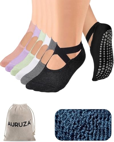 Image of AURUZA Pilates Grip Socks for Women Non Slip Skid Yoga Socks with Grips Straps for Ballet Dance Workout Gripper Sock