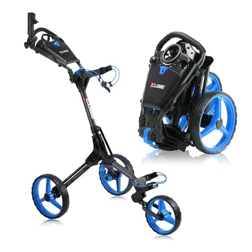 Cube CART 3 Wheel Push Pull Golf CART - Two Step Open/Close - Smallest Folding Lightweight Golf CART in The World - Choose Color! (Charcoal/Blue)