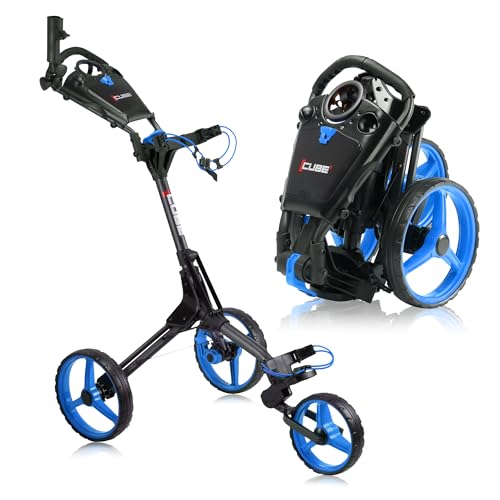 Cube Chariot de Golf à 3 Roues, Le Plus Petit Chariot de Golf Pliable léger, Ouverture/Fermeture à Deux étapes, poignée réglable en Hauteur, Frein à Pied, Support de Parapluie Inclus