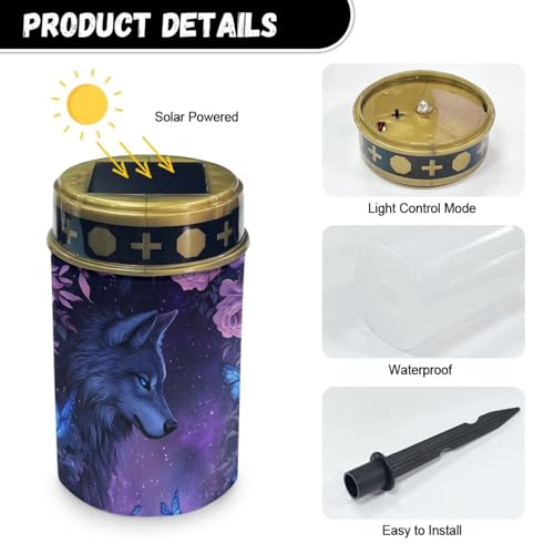 Image of Wolf Purple Rose Light for Prayer Cemetery Solar Lights for Grave Cemetery Decor Candle Lamp Waterproof Solar Power Light Eternal Lights for Graves Cemetery Memorial Gift 2 Pcs