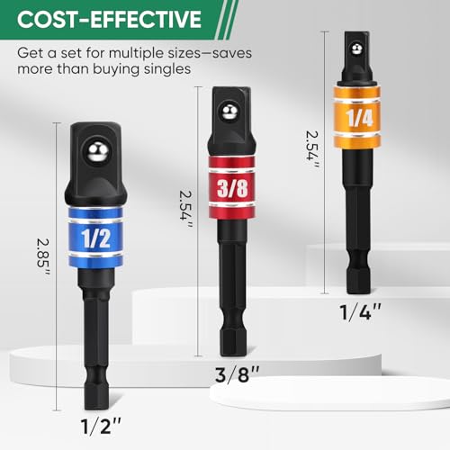 Image of 3PCS Impact Socket Adapter Set - 1 /4 inch, 3 /8 inch, 1 /2 inch Drill Socket Adapters with Extension Driver Bit & Holder, Socket Drill Adapters Compatible with Power Drill and High Torque Impact Wrench