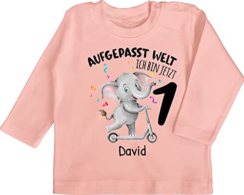 Baby Langarmshirt - 1. - Aufgepasst Welt ich Bin jetzt 1 Jahr alt I Erster Geburtstag - 18/24 Monate - Babyrosa - Custom Tshirt First Birthday Girl Outfit 1.Geburtstag 1st Shirt