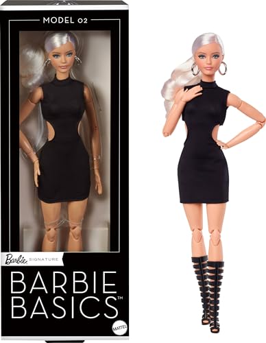 Barbie Basics Modelo 02 boneca de colecionador com pelo loiro, minivestido preto e botas de gladiador, roupas de tamanho universal, corpo articulável e cabeça intercambiável, JBH71